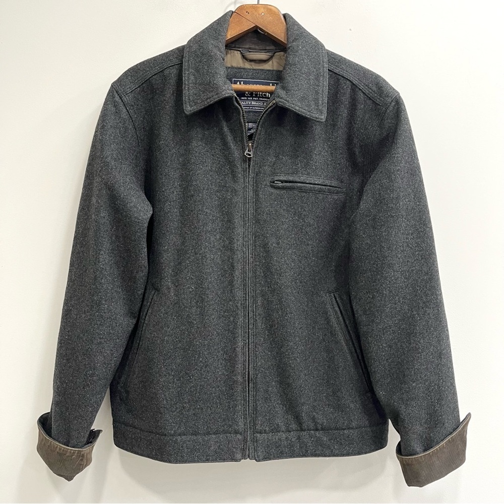 Abercrombie 90’s Y2K Mens Gray Wool Zip Front Bomber Coat Jacket Corduroy Cuffs - Picture 1 of 14